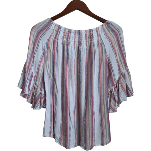 Cato Women's Blouse Size XS Linen Blend Stripes Ruffle Flare Sleeves - Picture 2 of 5